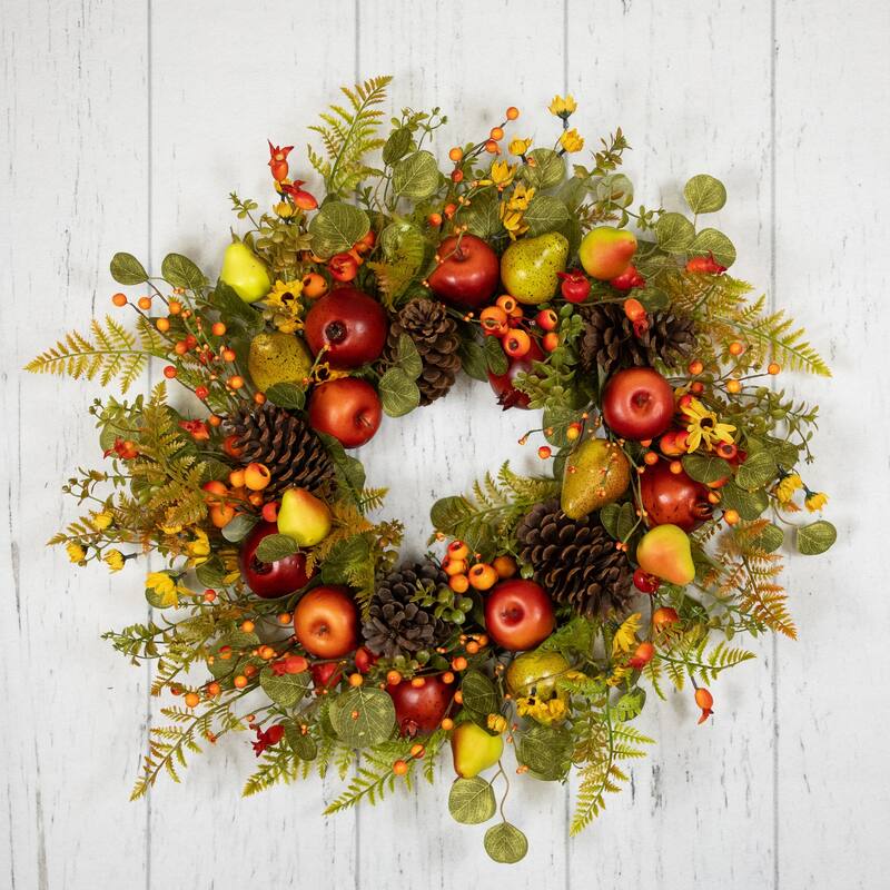 Apples and Pears Artificial Fall Harvest Wreath - 26" - Unlit
