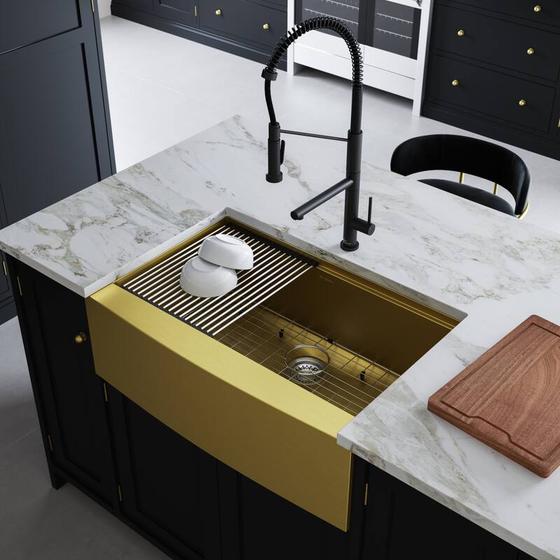 Tourner 33 x 22 Stainless Steel, Single Basin, Farmhouse Kitchen Workstation Sink with Apron - 33" x 22" - Gold