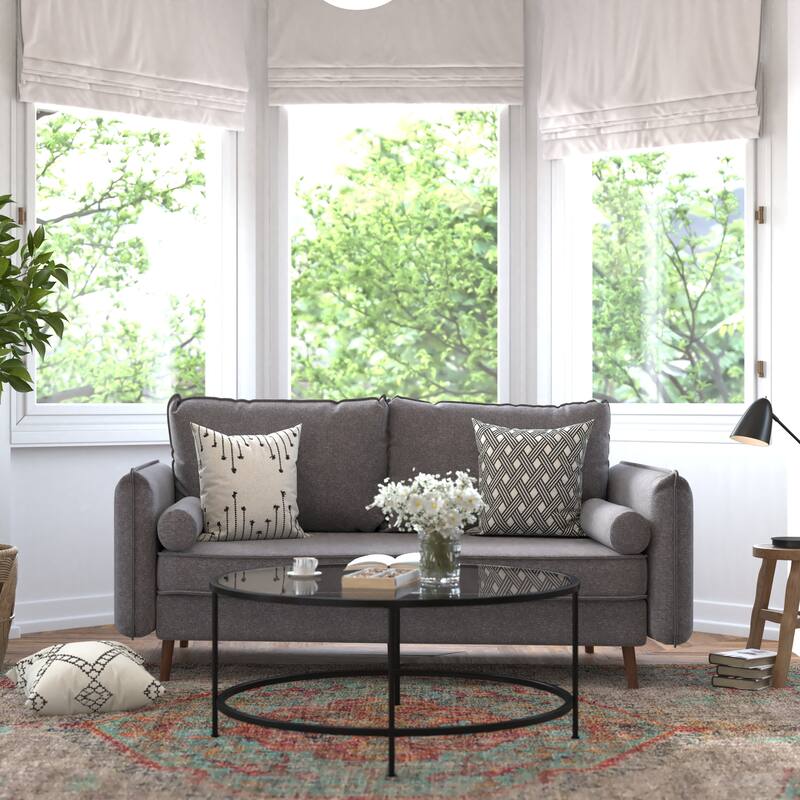 Compact Faux Linen Upholstered Sofa with Wooden Legs - Stone Gray