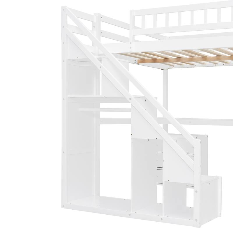 Stairway Wooden Bedframe Twin Size Loft Bed with Built-in Desk, Clothes Rail, Open Shelves, Drawers Cabinets and Guardrails