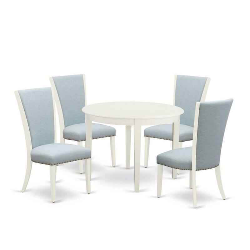5-Piece Linen white Solid Wood Top - Round Dining Room Set - Seats-4