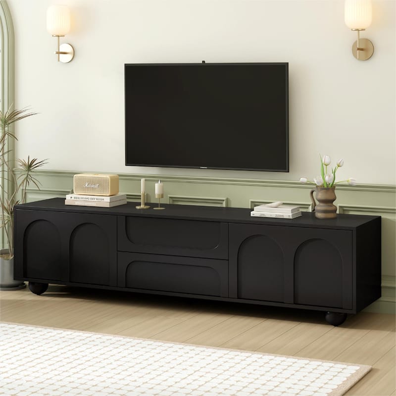 Cream Style TV Stand with Arched Doors and 2 Drawers, for TVs Up to 75" - 69.6" W × 15.7" D × 17.7" H