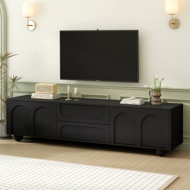Modern Arched TV Stand for TVs up to 75 Inches with 2 Drawers and Rebound Device, for Living Rooms and Bedrooms, Black - Black