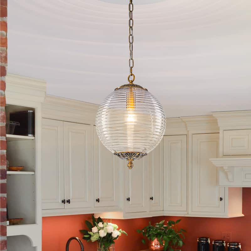Industrial 1 - Light 11.8" W Retro French Globe Glass Pendant For Kitchen Island - Antique Brass - Ribbed Glass