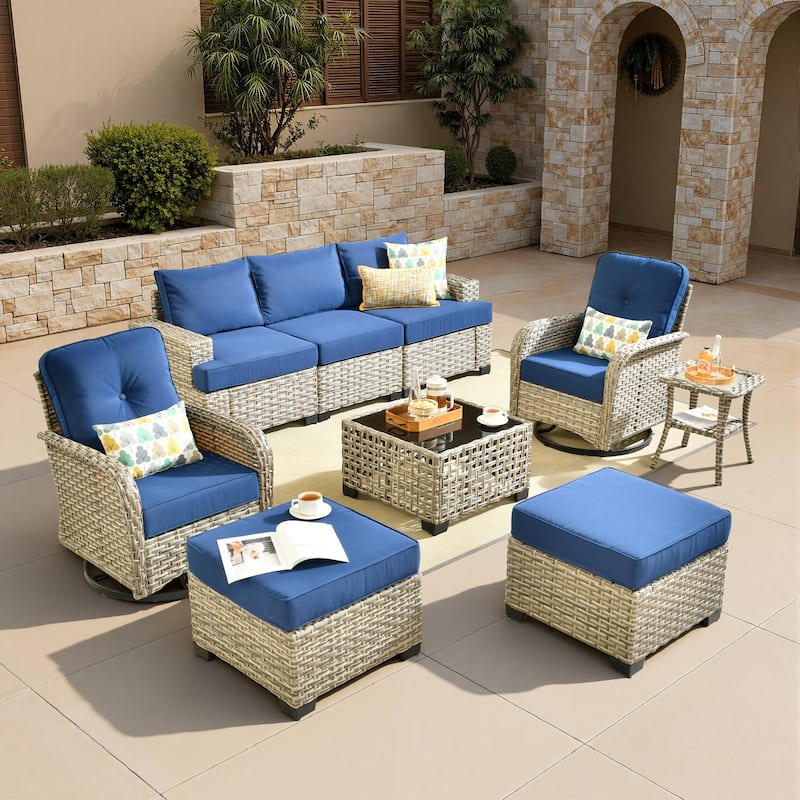 HOOOWOOO 9-piece Patio Swivel Chair Conversation Set - Navy Blue