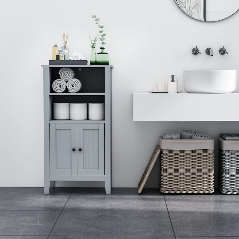 Kleankin Bathroom Cabinet Organizer with 2-Tier Open Shelves, Double Door Enclosed Storage and Elevated Base