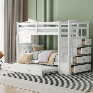Twin Over Twin Bunk Bed with Trundle & Storage Staircase, Space-Saving Design with Easy Access & Organization, White