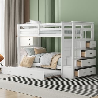 Twin Over Twin Bunk Bed with Trundle Bed, Staircase and 4 Storage Drawers, Solid Wood Bunk Beds with Stairs and Guardrail,White