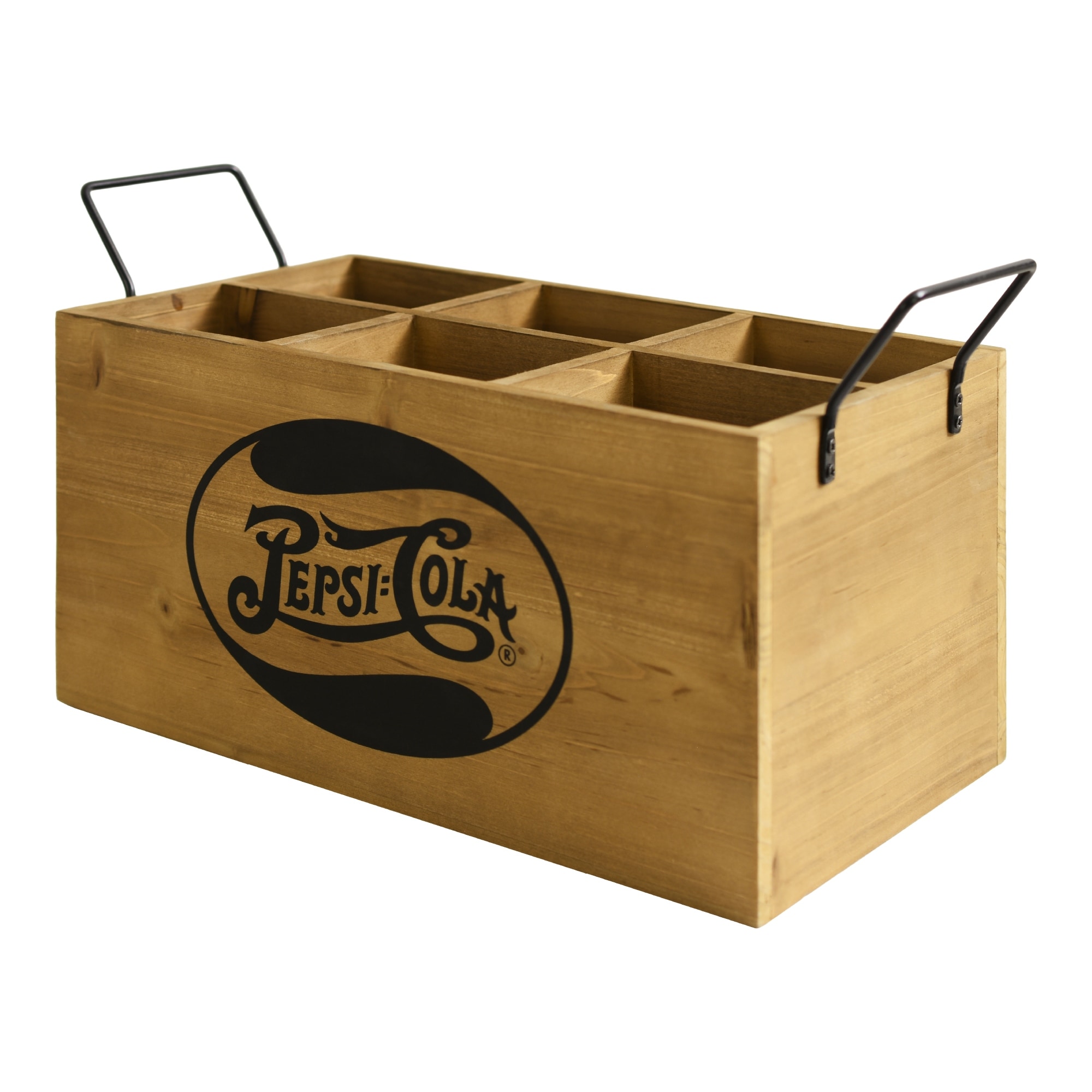 Wooden 6 Bottle Crate with Metal Handles, Rustic Vintage Soda Caddy Storage Box for Home Bar, Kitchen & Man Cave - 14" x 7"