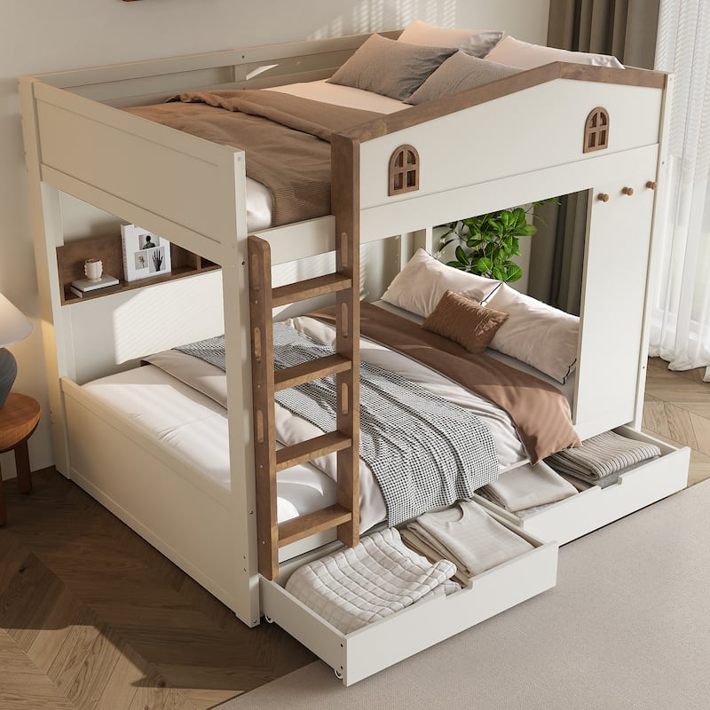 House-shaped Bunk Bed with Hooks, Storage Shelves, Safety Guardrails and Optional with Underbed Drawers or Trundle Bed