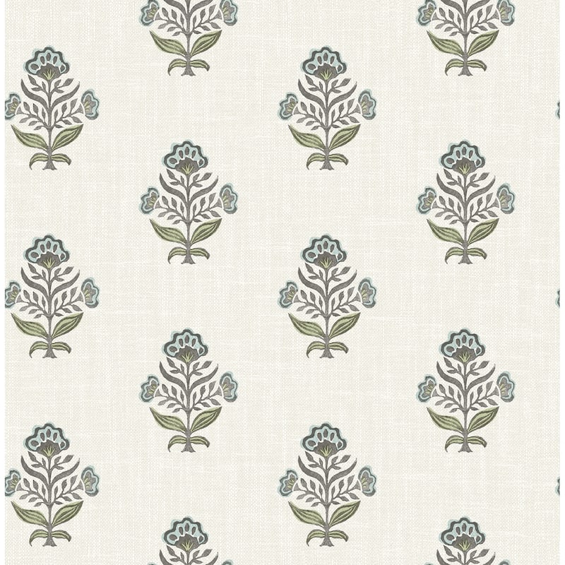 Chesapeake Hollyhock Aqua Floral Crest Wallpaper
