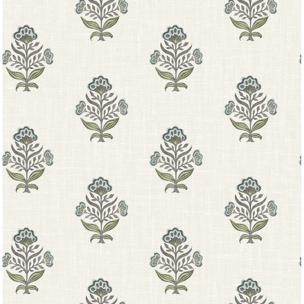 Chesapeake Hollyhock Aqua Floral Crest Wallpaper