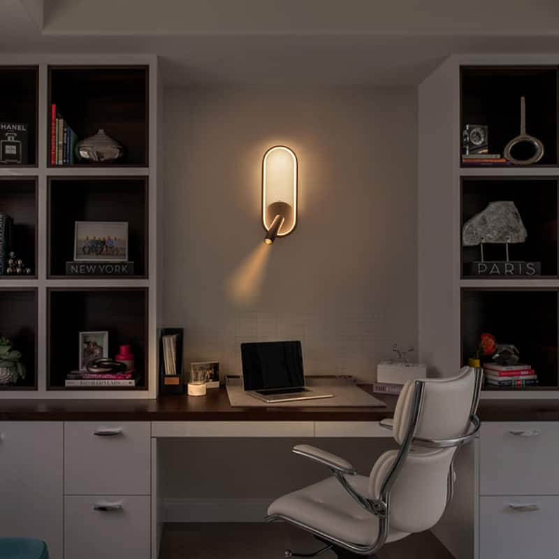 Modern Black LED Wall Sconce Oval Ring & Adjustable Spotlight Dimmable