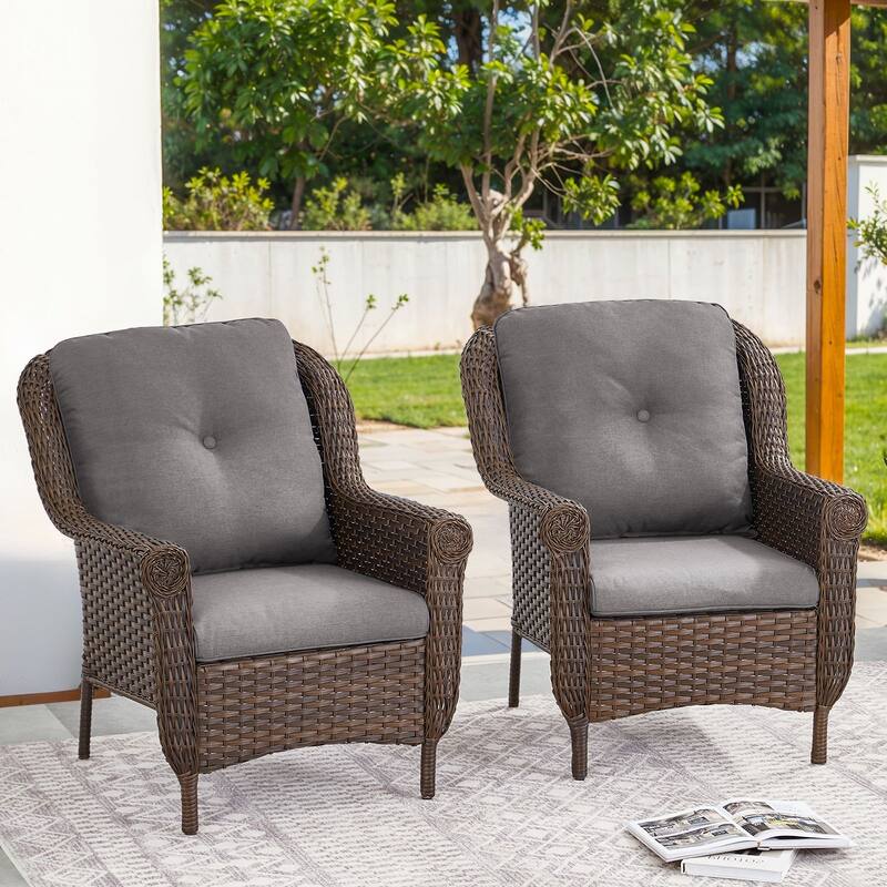 Pocassy Wicker Patio Conversation Set for Backyard - Grey Cushion - 2PCS Patio Chairs with Cushion