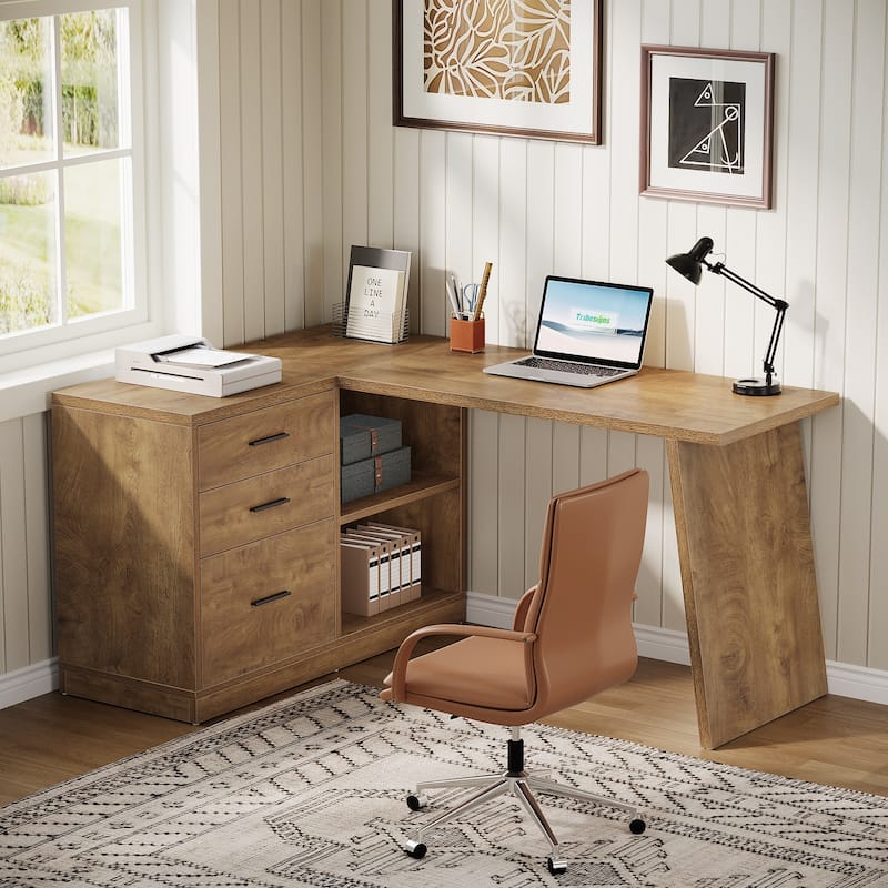 Industrial L-Shaped Computer Desk with File Cabinet for Home Office