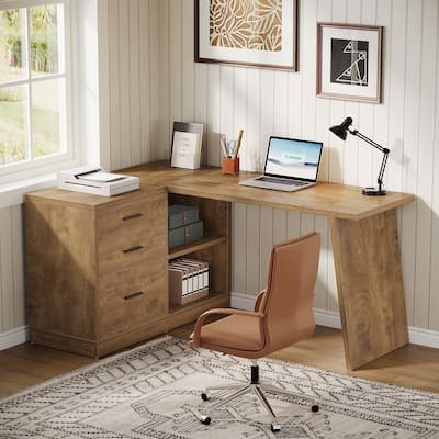 Industrial L-Shaped Computer Desk with File Cabinet for Home Office