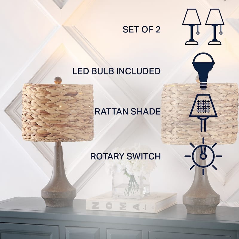 Leona 21" Rustic Farmhouse Handwoven Rattan/Resin LED Table Lamp, Brown Wood Finish (Set of 2) by JONATHAN Y