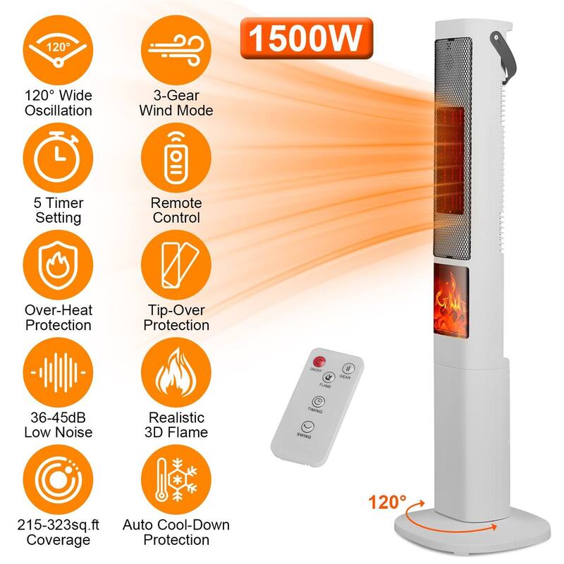 1500W Electric Heater with 3 Wind Modes Remote Control 5 Timer Overheat Tip-Over Protection