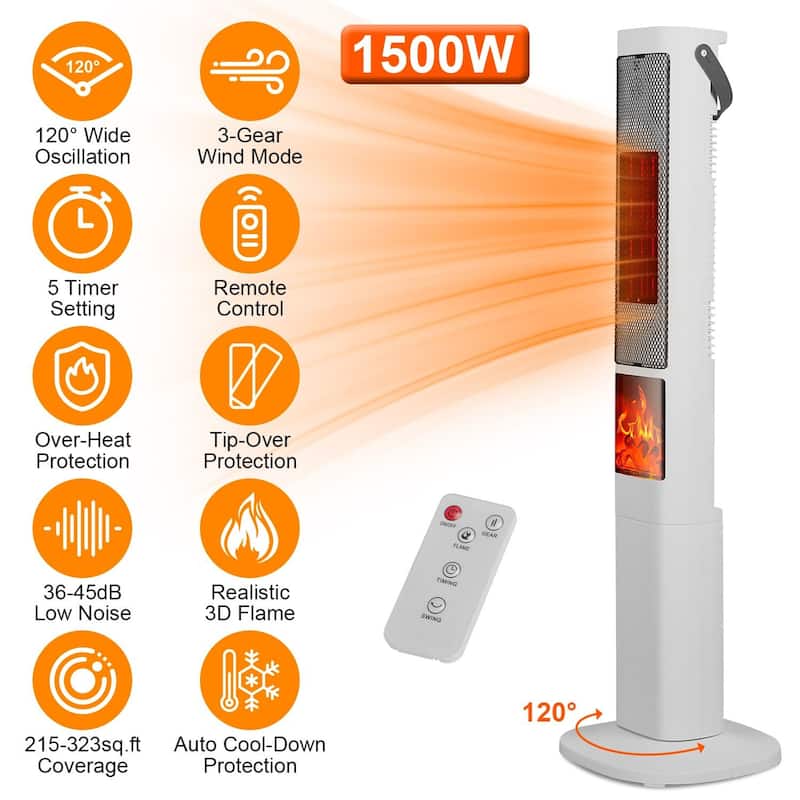 3D Flame Ceramic Tower Heater, 1500W Oscillating Space Heater with Remote