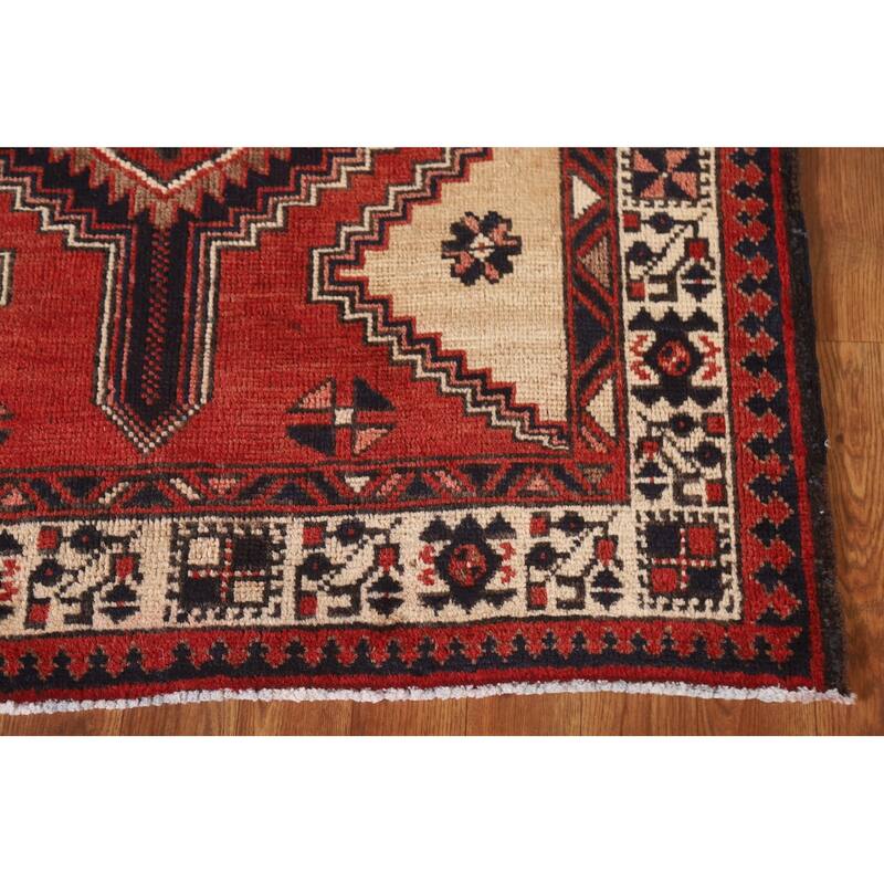Geometric Red Ardebil Persian Vintage Runner Rug Handmade Wool Carpet - 3'6"x 10'7"