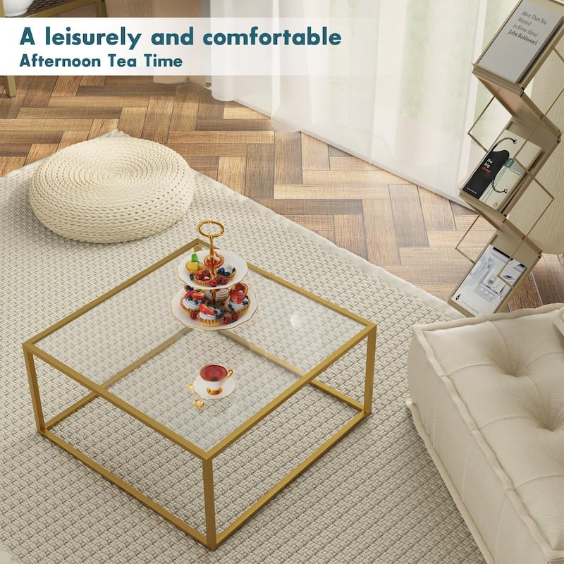 Coffee Table Glass Modern Coffee Tables for Small Space Simple Square Center Table, 26.7 x 26.7 x 15.7