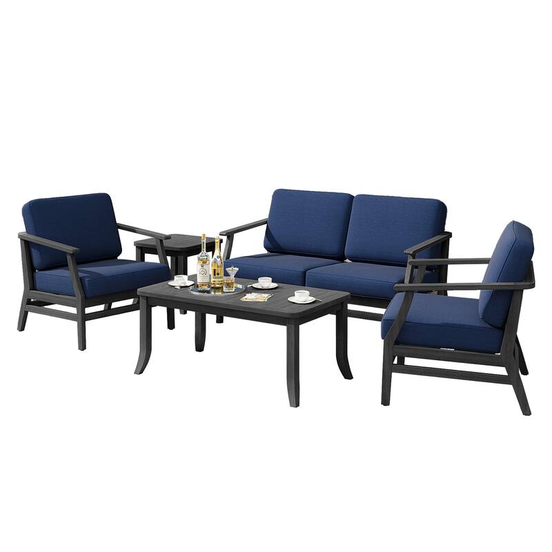 5-Piece Outdoor Teak Wood Patio Conversation Set with Cushions