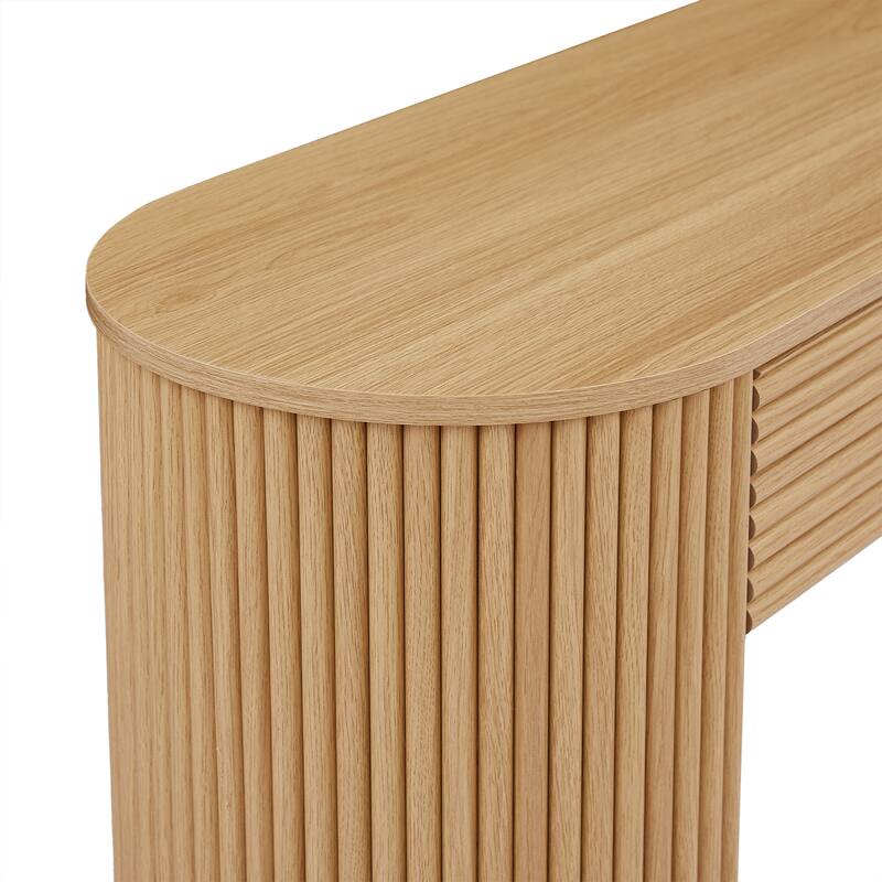 Retro Console Table with Storage, 3 Drawers, 1 Table-Leg Niche, Round Slat Aesthetic, Entryway, Living Room & Hallway