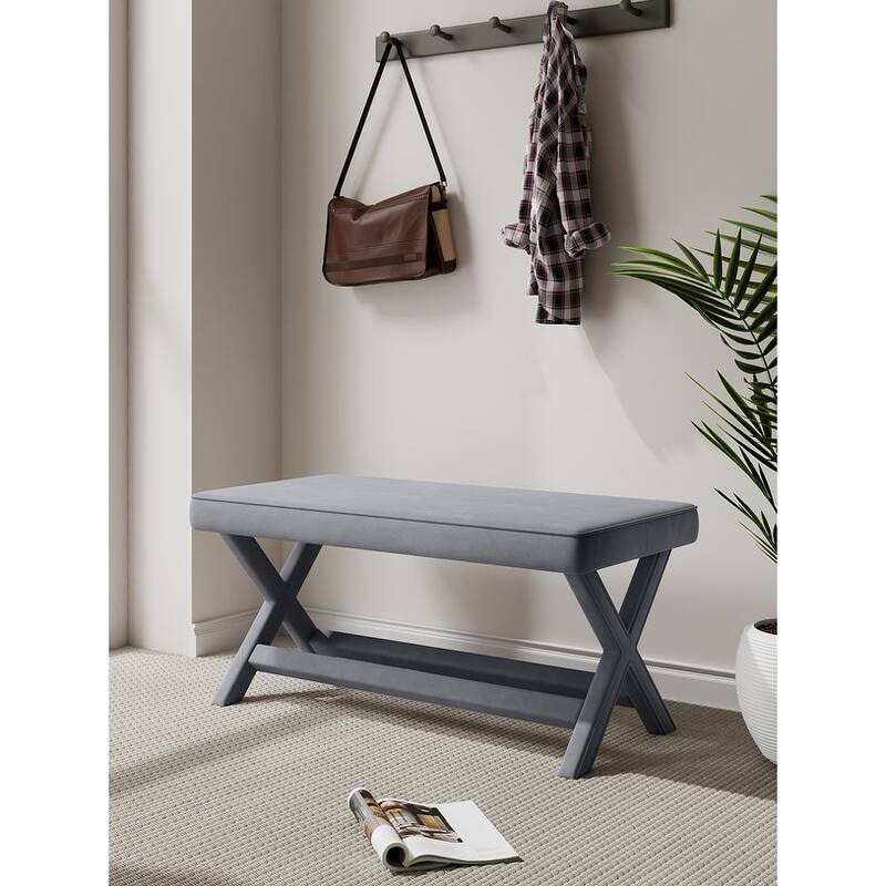 Manhattan Comfort Abigail Mid-Century Modern Velvet Upholstered Bench - Grey