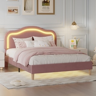 Queen Size Velvet Upholstered Smart LED Kids Bed Frame with Adjustable Headboard and RGB Lights, Easy to Assemble, Pink