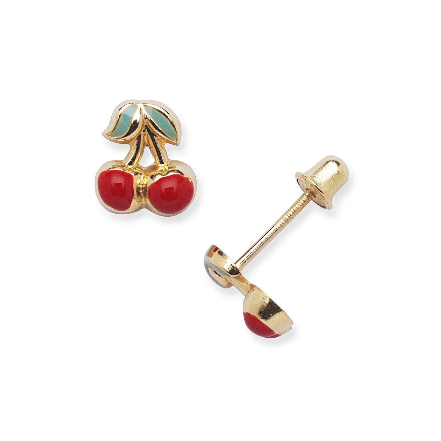 Curata 14k Yellow Gold Children's Enamel Screw-back Cherry Earrings - Red