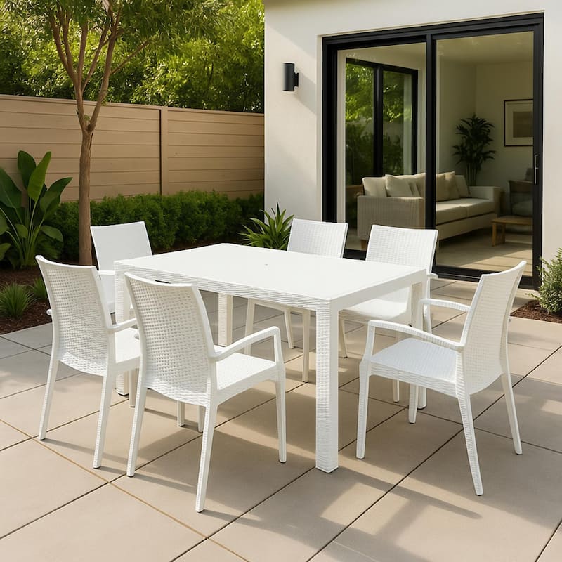 LeisureMod Mace 7-Piece Outdoor Dining Set with 4 Chairs 2 Arm Chairs - 28"