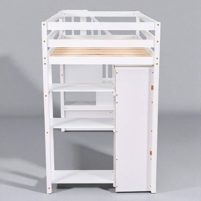 Twin Size Wooden Loft Bed with Drawers, Shelves, and Stairs for Kids Teens, No Box Spring Required