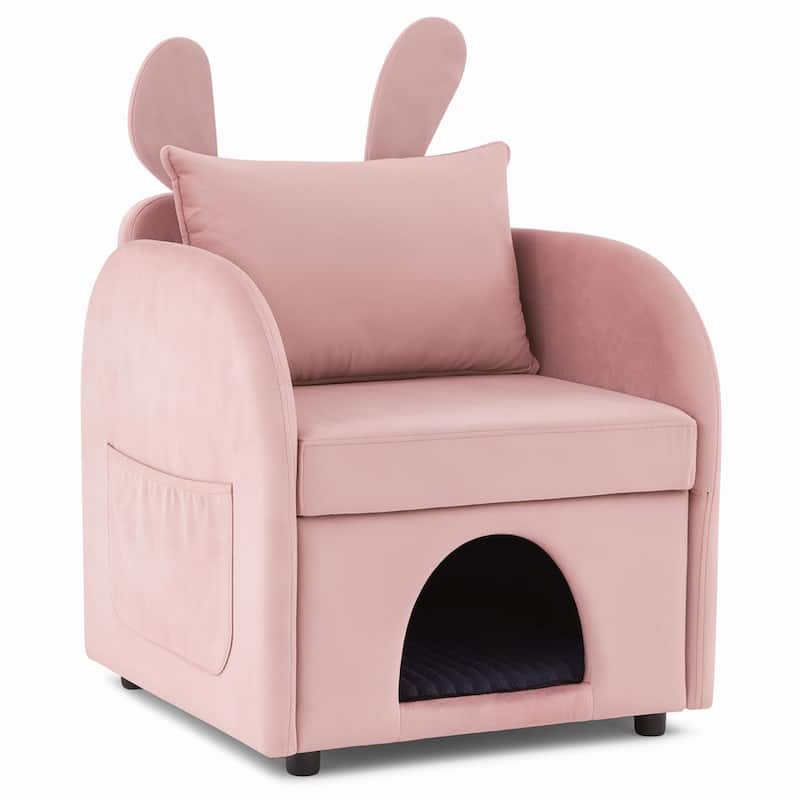 Velvet Bunny-Ear Pet-Friendly Armchair with Built-in Cat & Dog Hideaway, Plush Dual-Use Sofa Chair