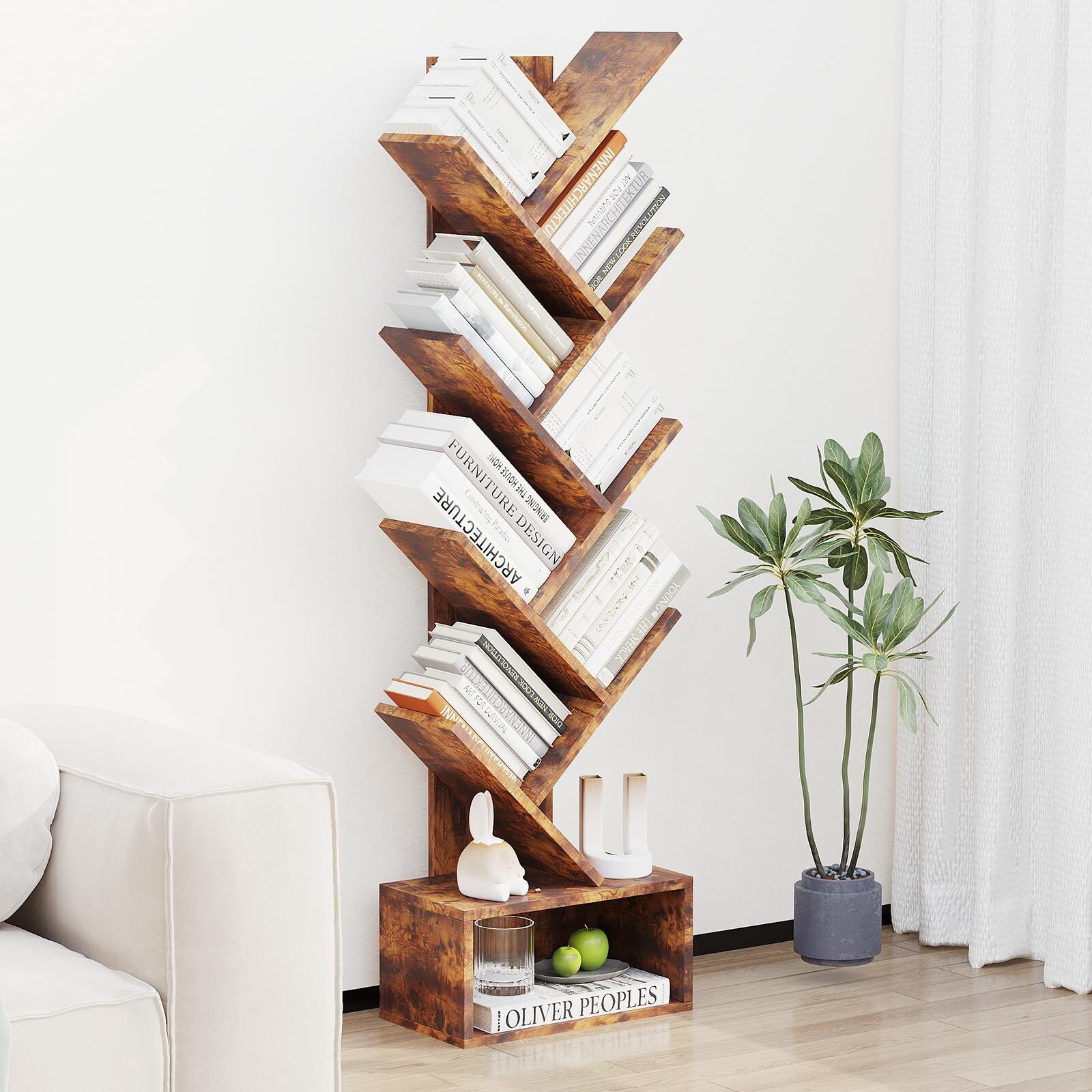 8-Tier Tree Bookshelf, Industrial Retro Storage Rack, Bookcase