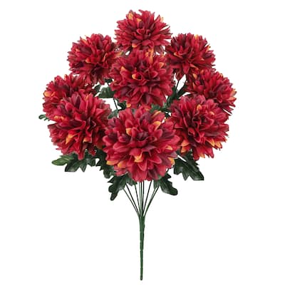 Set of 2 Red Burgundy Artificial Ball Mum Pom Pom Flower Stem Bush Bouquet 22in - 22" L x 10" W x 10" DP