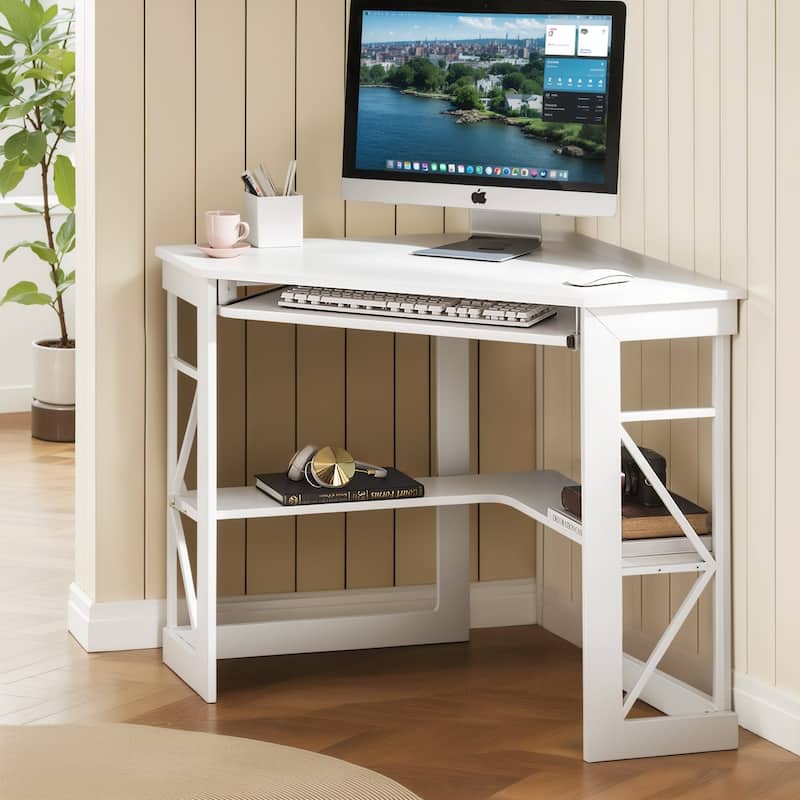 Javlergo Corner Desk with Keyboard Tray, Study Writing Computer Table for College Dorm Home Office
