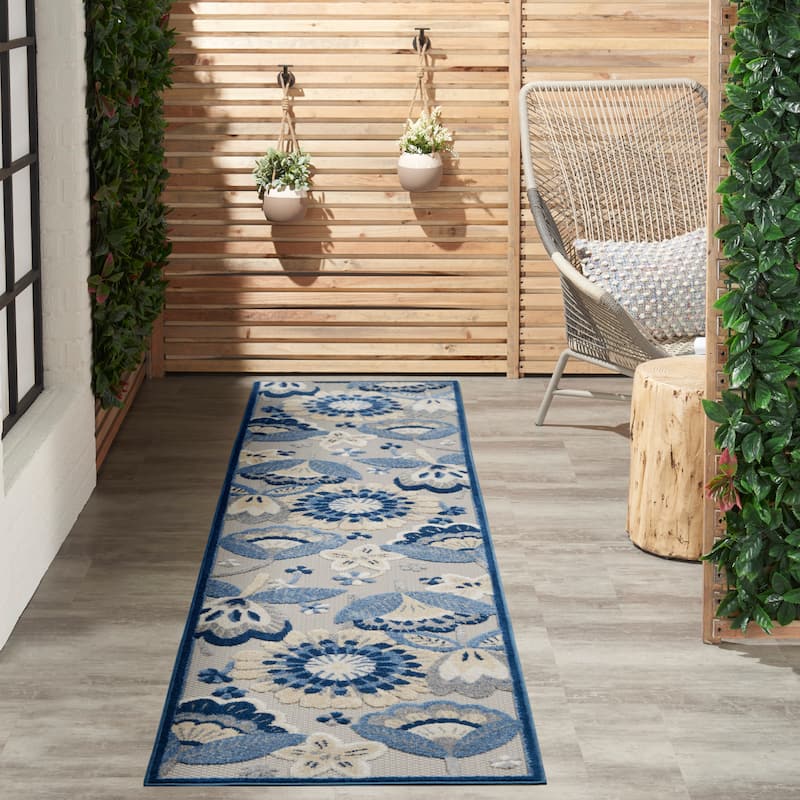 Nourison Aloha Scandinavian Floral Indoor/Outdoor Area Rug - 2'3" x 12' Runner - Blue/Grey