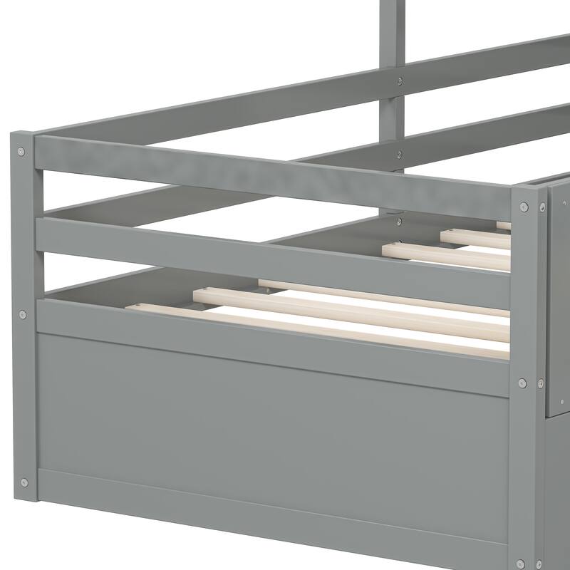 Twin Size House Bed with Guardrails, Storage Drawers, Roof, and Window Design