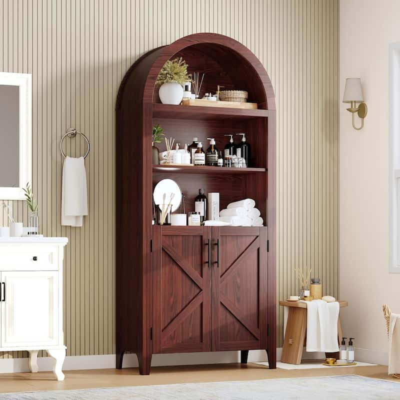 Arched Bookcase, Kitchen Pantry Storage Cabinet with Open Display Shelf