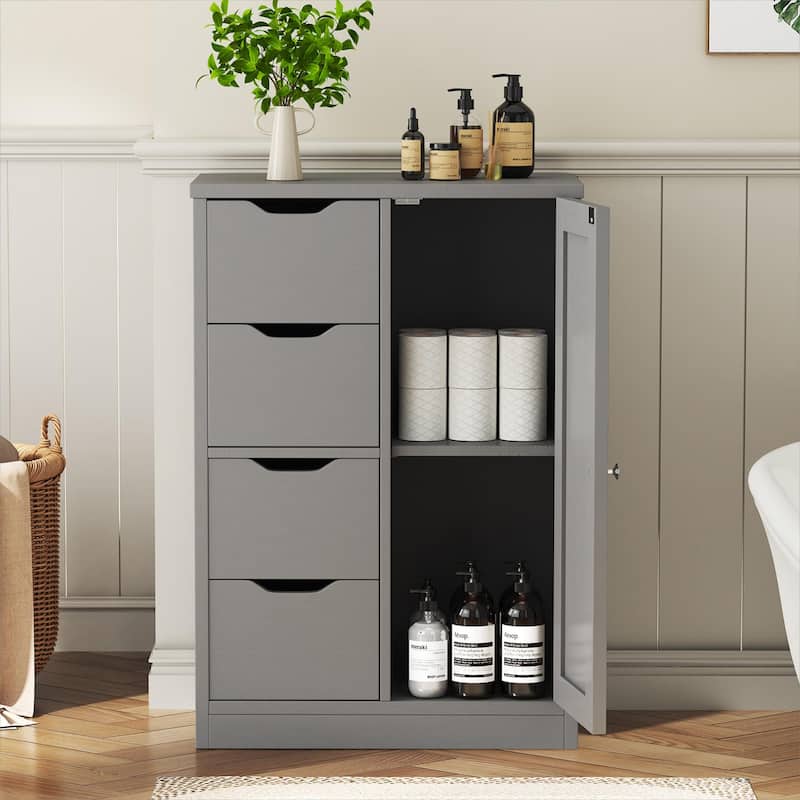 Futzca Bathroom Floor Storage Cabinet, Freestanding Pantry Cabinet with 4 Drawers and 1 Door - Grey