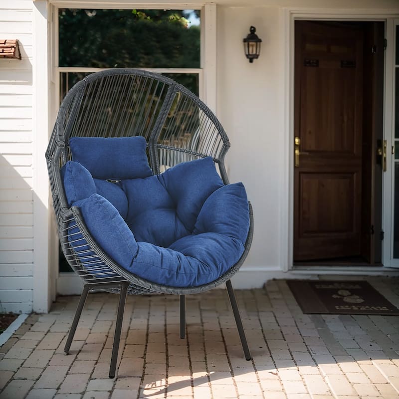 Outdoor Wicker Egg Chair with Blue Cushion - Grey - Grey - Blue