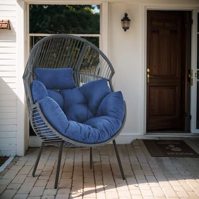 Outdoor Wicker Egg Chair with Blue Cushion - Grey
