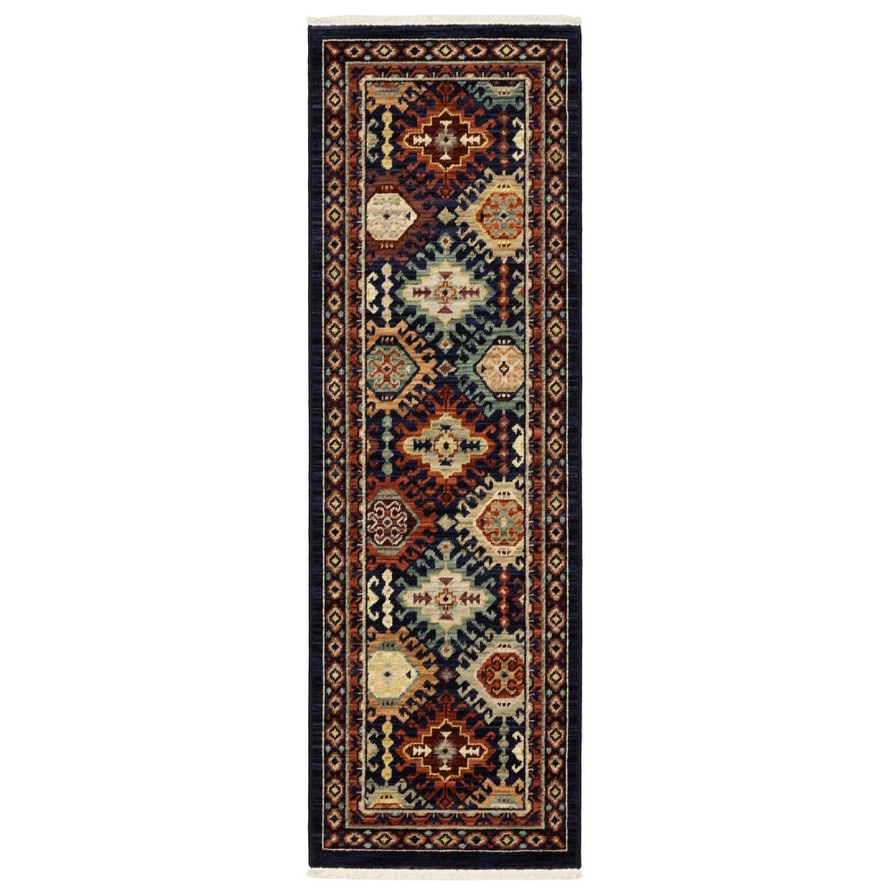 Style Haven Leander Tribal Panel Navy/ Multi Fringed Wool Blend Rug-
