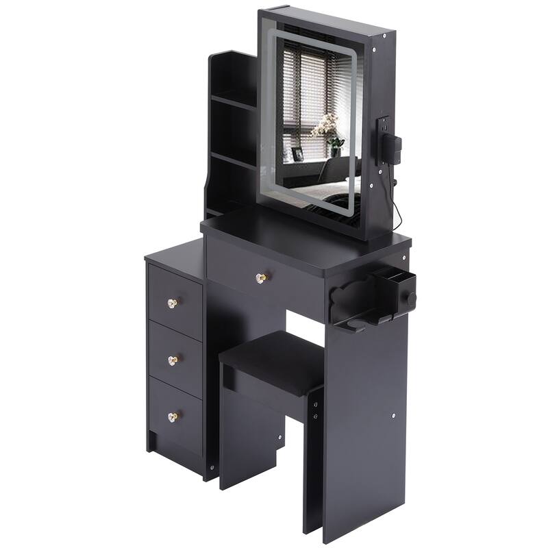 29.2" Small Size Left Bedside Cabinet Vanity Table + Cushioned Stool, 2 AC+2 USB Power Station, Hair dryer bracket