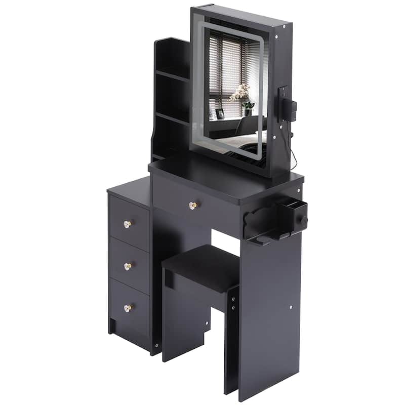 Makeup Vanity Desk with Slidding LED Lighted Mirror, Power Outlet & Hair Dryer Bracket, Small Dressing Table Set with Stool