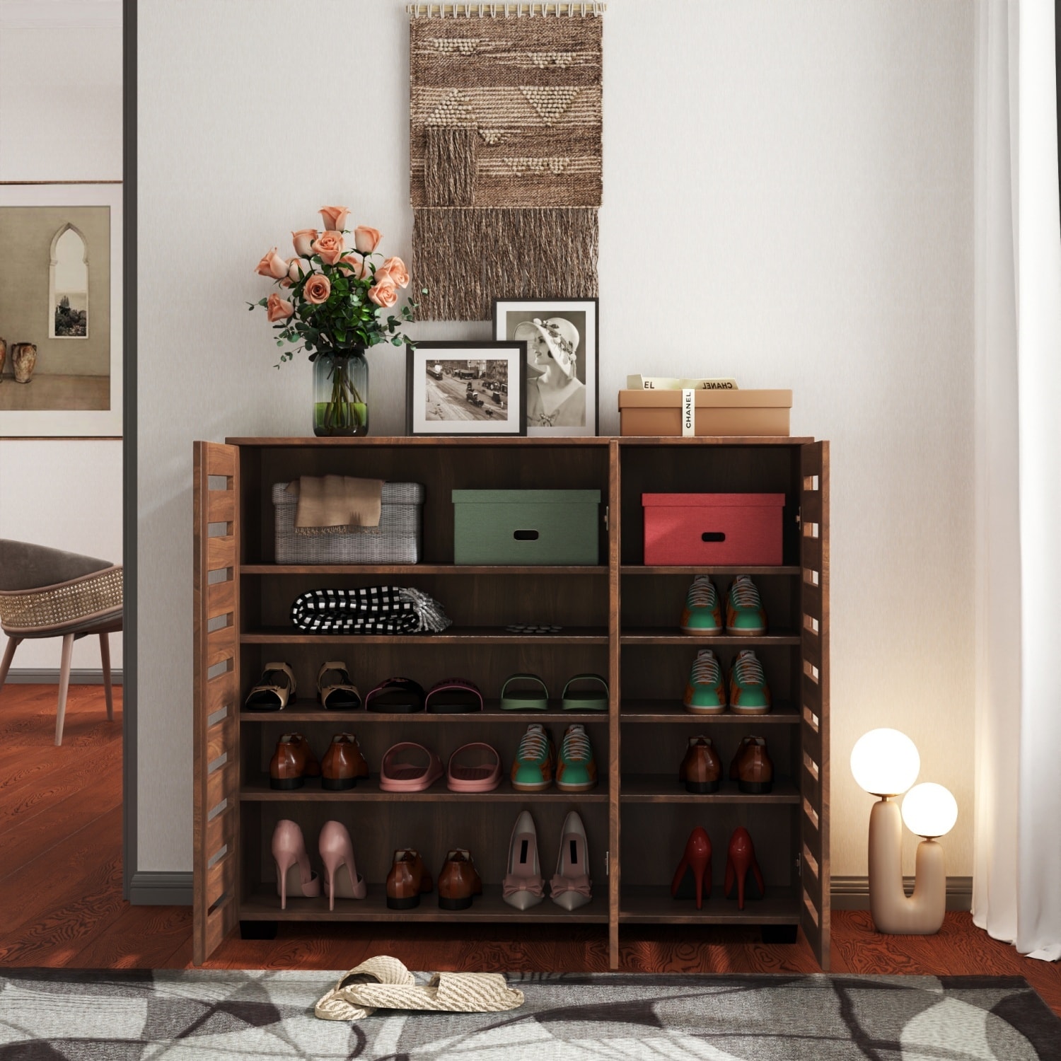 44.88" Wooden 5-Tier Shoe Storage Cabinet with Adjustable Shelves & Louvered Doors