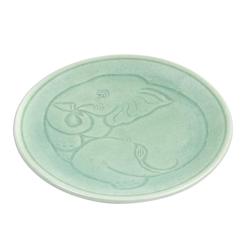 Novica Handmade Sleeping Elephant Celadon Ceramic Dessert Plate