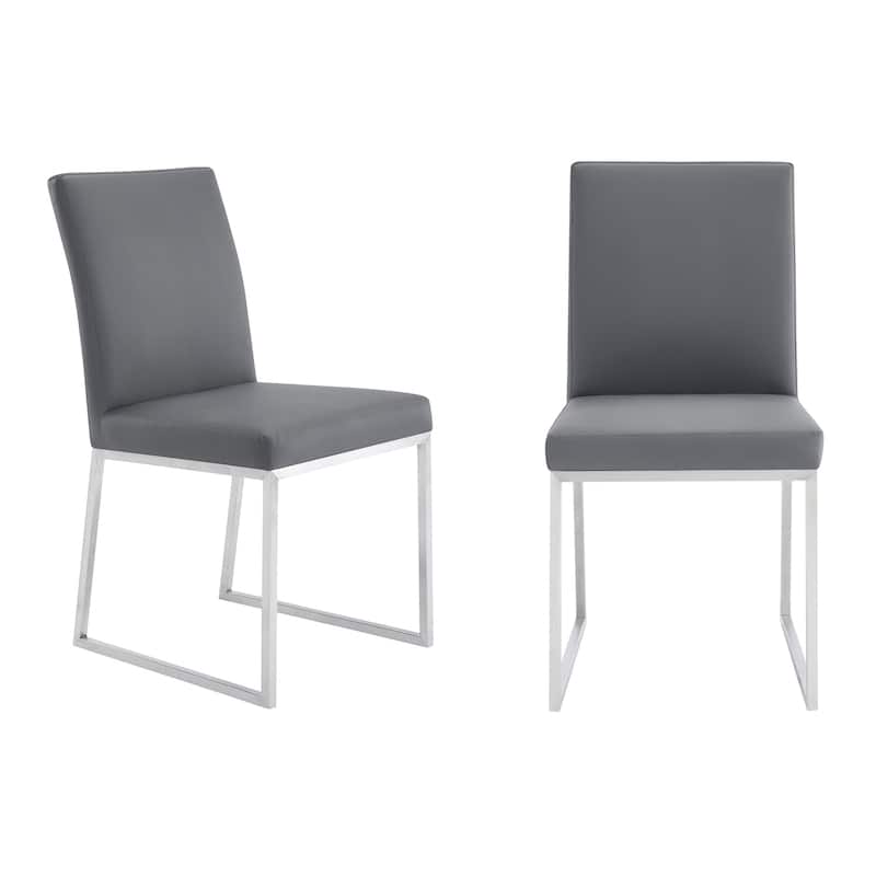 Renaissance Dining Chairs - Set of 2 - Grey Faux Leather & Stainless Steel Accent Chairs