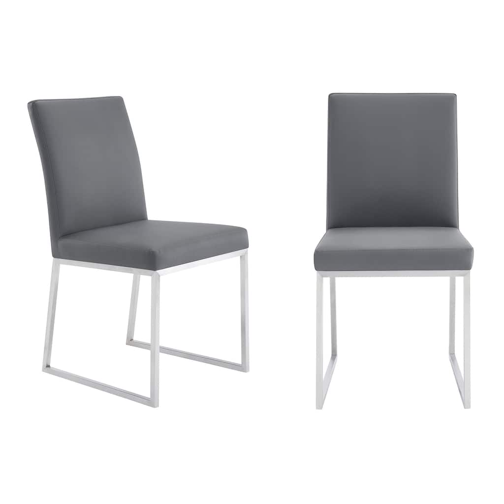 Renaissance Dining Chairs - Set of 2 - Grey Faux Leather & Stainless Steel Accent Chairs