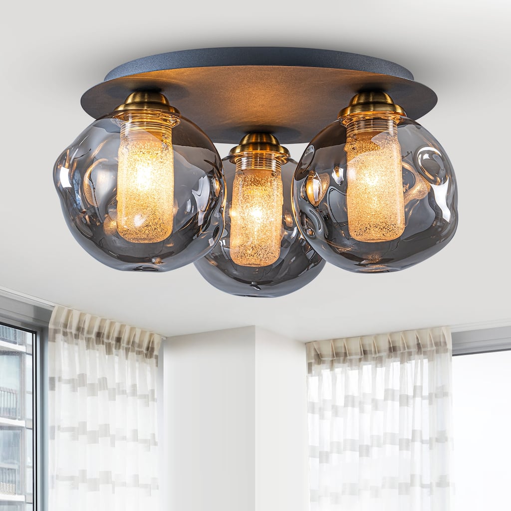 3 Lights Black Flush Mount Ceiling Light with Smoked Glass Shades - Dia.15.74-in